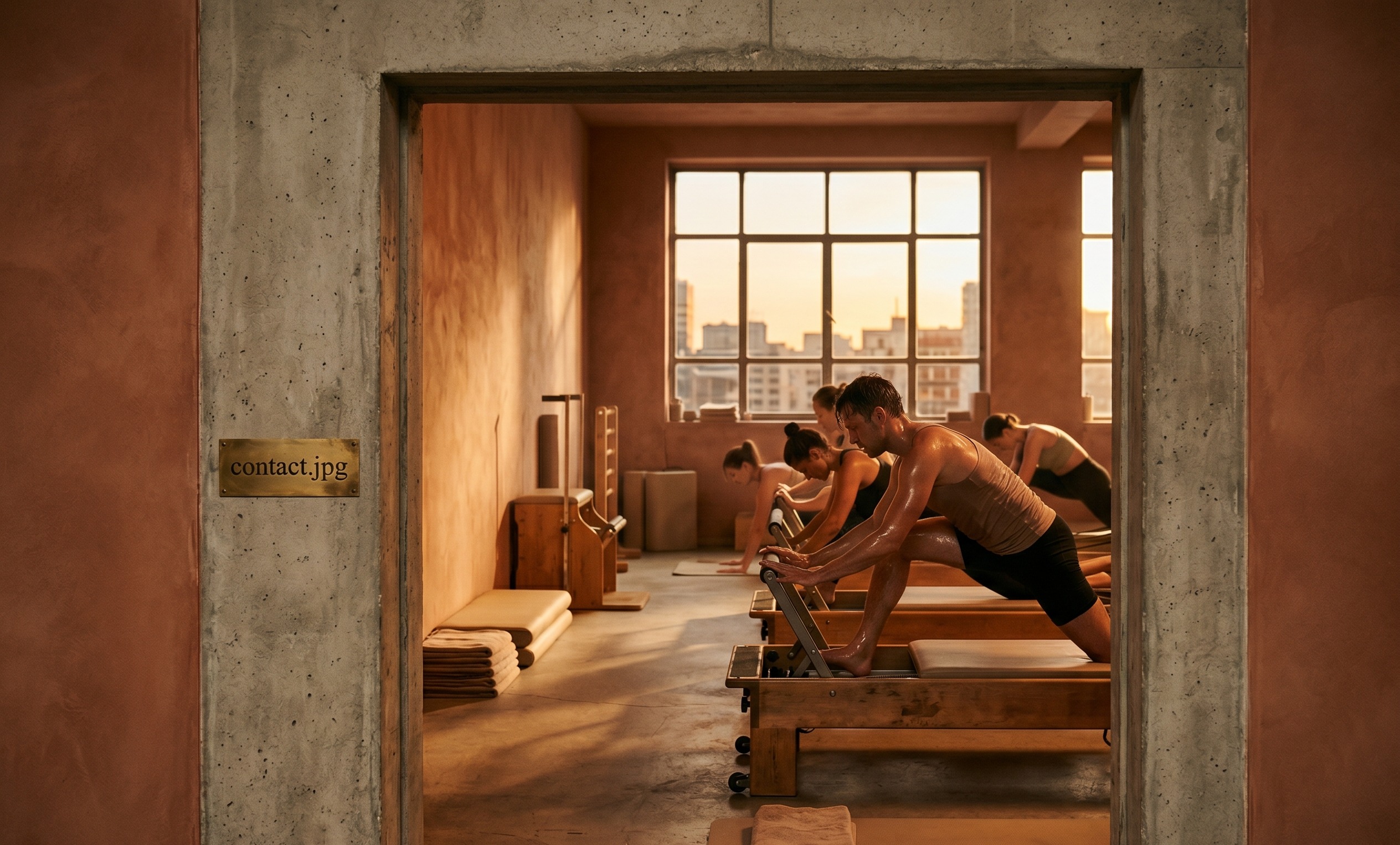 The KRAFTT studio — warm interior doorway in Prenzlauer Berg, people on reformers in the evening light.