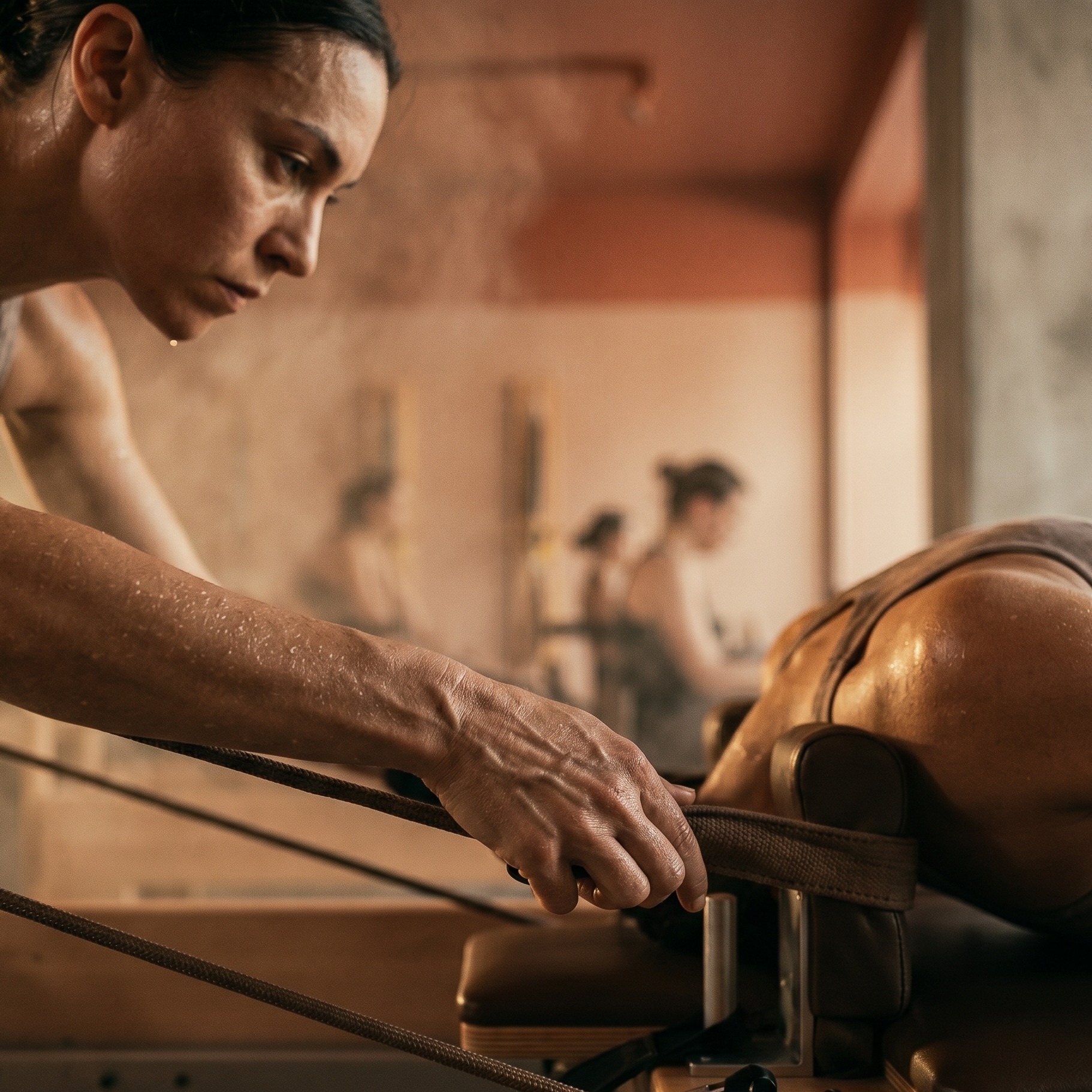 Close detail of precise spinal alignment and control on a reformer.