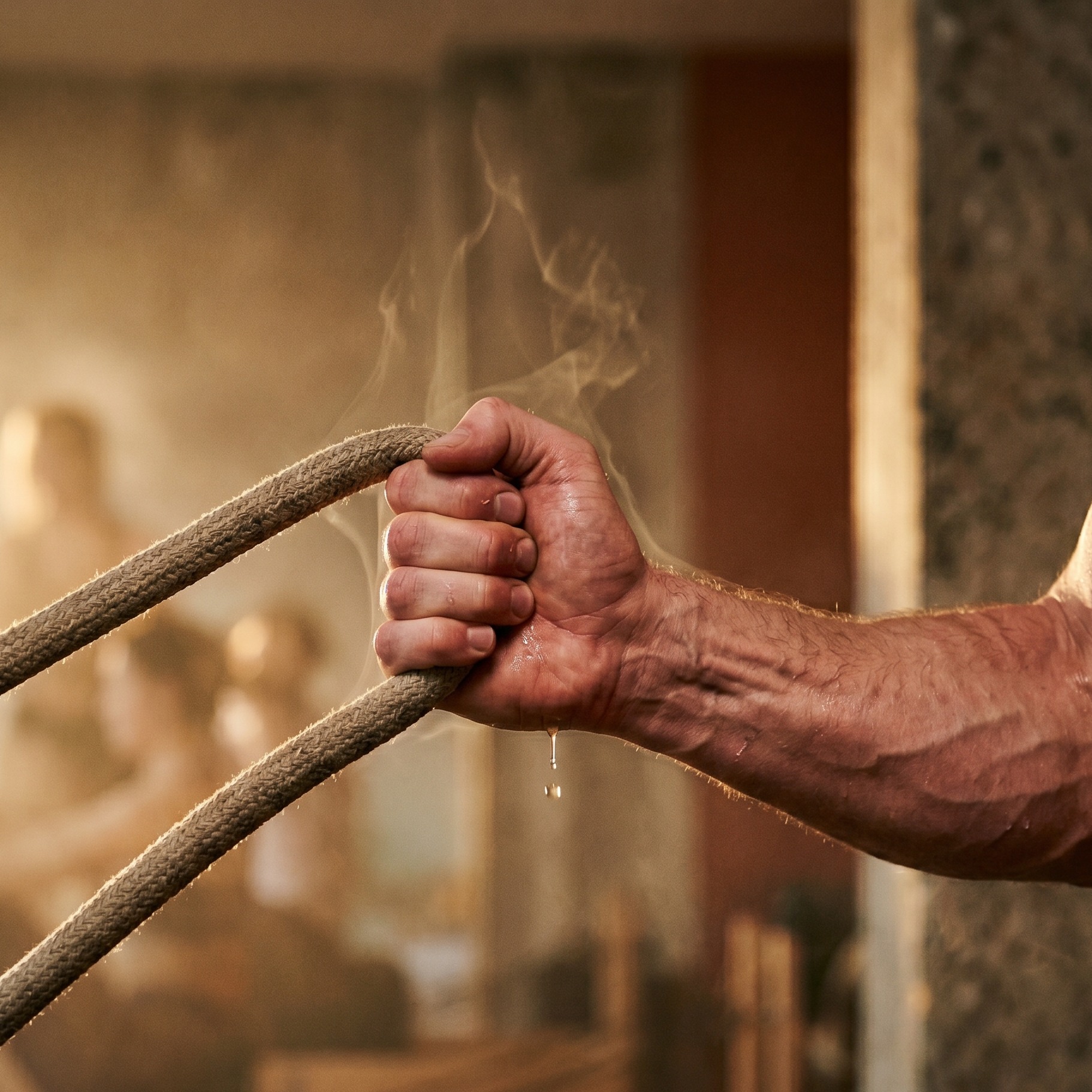 A fist gripping rope, forearm braced, steam rising in the heat.